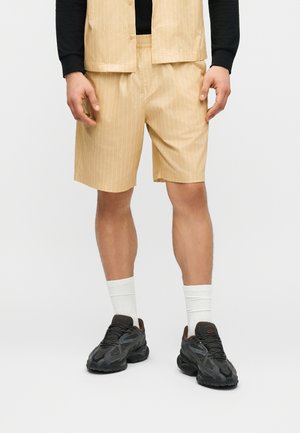 Mann trägt beige Nadelstreifen-Shorts, schwarze Turnschuhe, weiße Socken und ein schwarzes Langarmshirt mit passender beiger Weste.