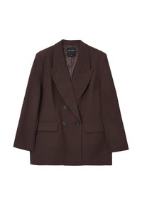 Brauner doppelt-knöpfiger Blazer mit Spitzenrevers, zwei Fronttaschen und schwarzen Knöpfen. Hergestellt aus glattem Stoff mit strukturiertem Schnitt.