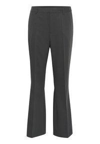 Tmavě šedé kalhoty na míru se rovnoměrným střihem, s plochým předním dílem, poutky na opasek a přehybem podél nohavic.
