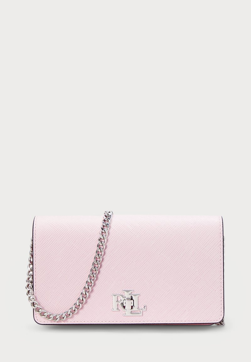 Pink leather crossbody bag with a textured finish, silver chain strap, and a prominent metallic logo on the front.