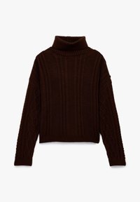 Maglione a collo alto marrone realizzato in tessuto lavorato a maglia, con motivi a coste testurizzati e a treccia, caratterizzato da una forma cropped e maniche rilassate.