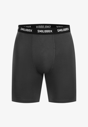 Boxer briefs neri realizzati in un tessuto liscio e elastico. Presentano un ampio elastico in vita con il marchio "SMILODOX" in testo bianco.