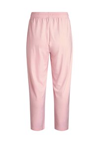 Lyserøde bukser med elastisk talje, lavet af glat stof, med løs pasform og cropped længde, uden synlige dekorationer eller mønstre.