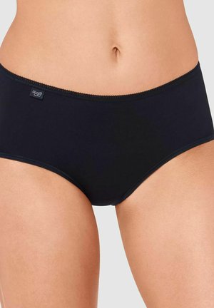 Schwarze Baumwollmischung Hipster-Unterwäsche mit Spitzenbesatz entlang des Bunds, mit einem kleinen Logo-Tag auf der linken Vorderseite.