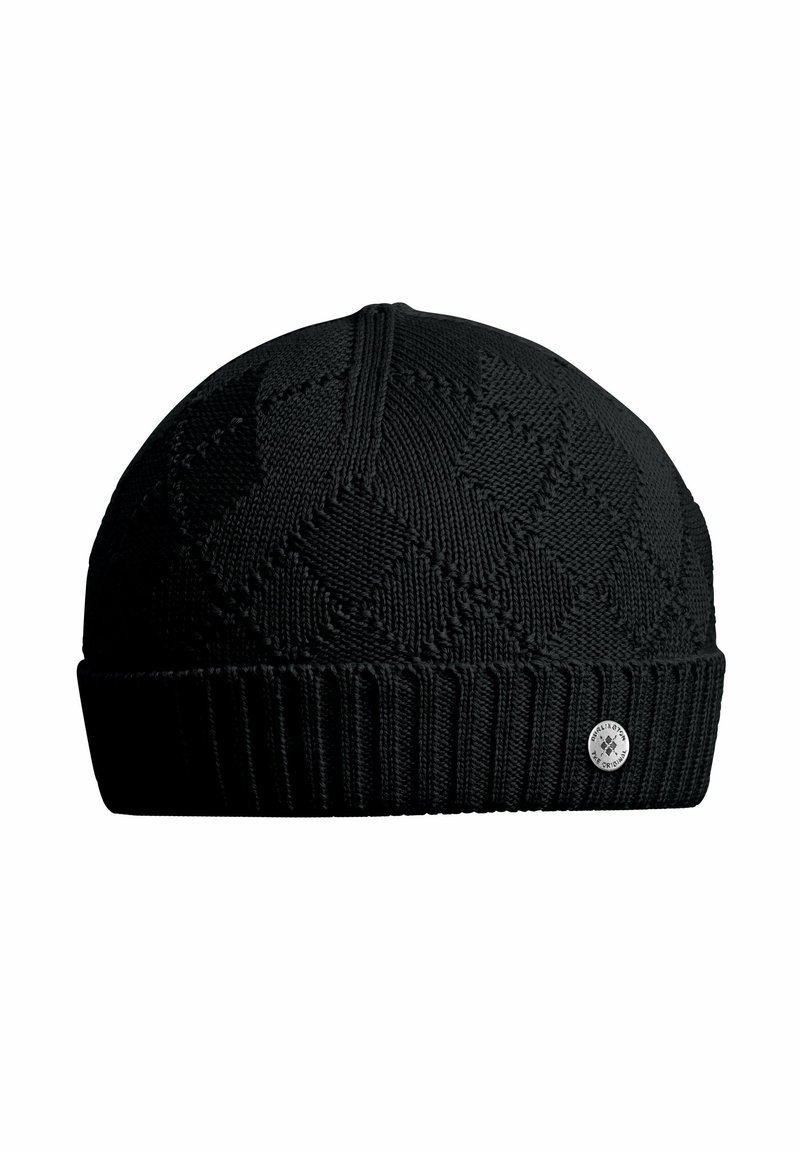 Czarna dziana czapka beanie z teksturowanym geometrycznym wzorem i prążkowanym obrzeżem. Posiada małe metaliczne logo po boku.