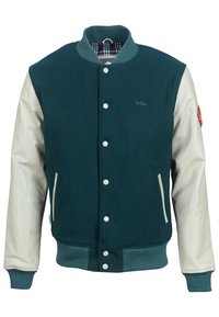 Teal Wolle-Mischgewebe Varsity-Jacke mit cremefarbenen Lederärmeln, Druckknöpfen, Seitentaschen und einem roten Patch auf dem linken Ärmel. Kariertes Futter.