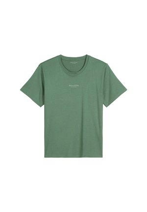 Green short-sleeve crew neck T-shirt with small white "Marc O'Polo" logo centered on the chest.