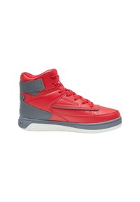 Baskets montantes en cuir rouge avec des accents gris et une semelle blanche. Les caractéristiques incluent des perforations, une sangle en velcro et un système de laçage traditionnel.