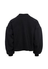 Zwarte, cropped sweatshirt met een ronde halslijn en pofmouwen, gemaakt van zacht materiaal. Geen zichtbare logo's of patronen aan de achterkant.