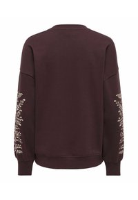 Dark brown sweatshirt with ribbed cuffs and hem, featuring light beige floral embroidery along both sleeves.