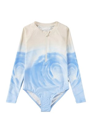 Costume da bagno a maniche lunghe di colore azzurro chiaro con motivo a onde, dotato di zip frontale, texture morbida e vestibilità aderente. Realizzato in tessuto elasticizzato.