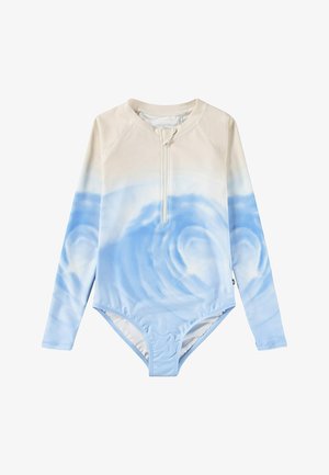 Costume da bagno a maniche lunghe di colore azzurro chiaro con motivo a onde, dotato di zip frontale, texture morbida e vestibilità aderente. Realizzato in tessuto elasticizzato.