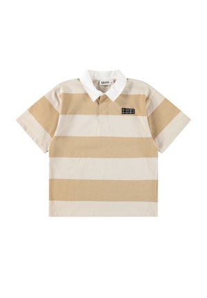 Polo à manches courtes rayé en beige et crème, avec un col blanc et un petit détail de poche accent noir et blanc.