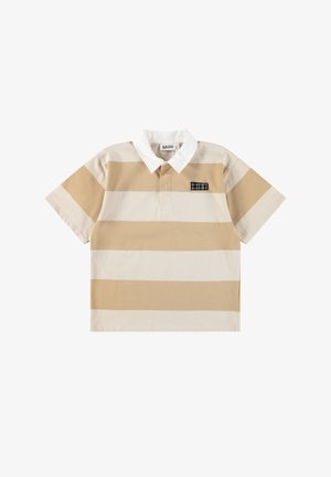 Polo a righe a maniche corte in beige e crema, con colletto bianco e un piccolo dettaglio tasca in bianco e nero.