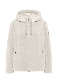Fleece jack met een lichtgrijze kleur, een puffy capuchon, een voorrits en zijzakken. Gestructureerde stof met gladde accenten en reflecterende details.