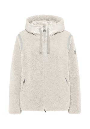 Fleece jack met een lichtgrijze kleur, een puffy capuchon, een voorrits en zijzakken. Gestructureerde stof met gladde accenten en reflecterende details.