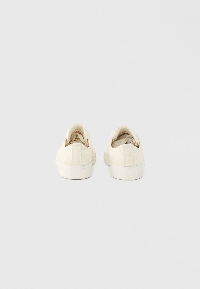 Coppia di scarpe da ginnastica bianche in tela pulite viste da dietro su uno sfondo grigio chiaro uniforme.