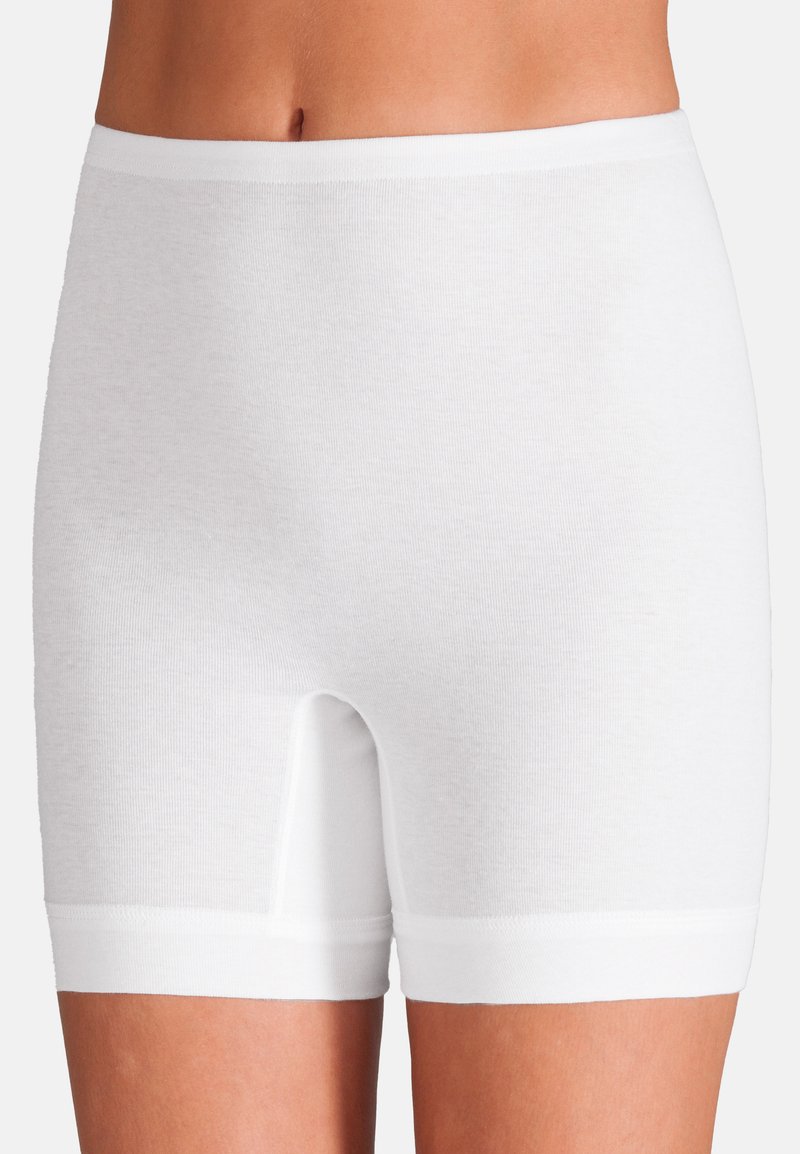 White cotton boyshorts with a fitted design, featuring a wide elastic waistband, soft texture, and seamless leg openings.