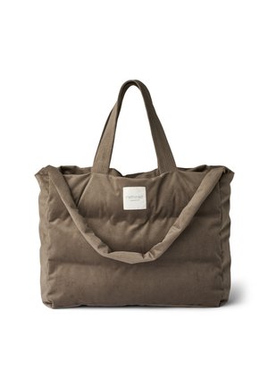 Sac cabas matelassé marron avec deux anses et une étiquette en tissu portant l'inscription "rethinkit" sur le devant, présenté sur un fond blanc.
