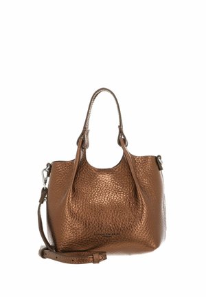 Borsa a mano in pelle marrone con finitura testurizzata, doppi manici e una tracolla removibile. Presenta un ampio scomparto principale.
