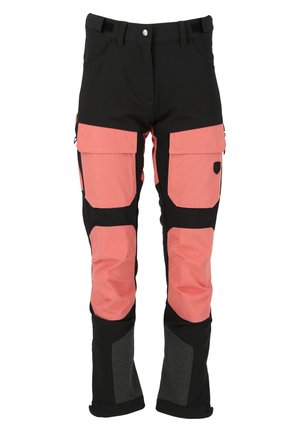 Cargo pants with black and coral material; features multiple pockets, reinforced knees, and textured black accents on lower legs.