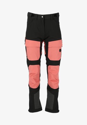 Cargo pants with black and coral material; features multiple pockets, reinforced knees, and textured black accents on lower legs.