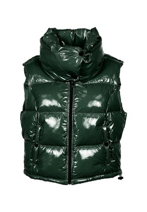 Groene gewatteerde vest met een glanzende afwerking, hoge kraag en ritssluiting. Bevat gestikte secties en twee zijzakken met drukknoopsluitingen.