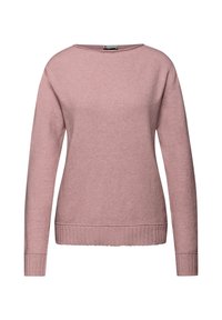 Rosa Strickpullover mit rundem Halsausschnitt, langen Ärmeln und geripptem Saum sowie Bündchen. Sanfte Textur mit einer lässigen, lockeren Passform.