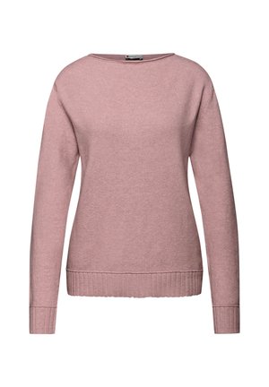 Suéter de punto rosa con cuello redondo, mangas largas y ribete en el dobladillo y los puños. Textura suave con un ajuste casual y relajado.