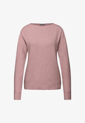 Maglione rosa a maglia con collo rotondo, maniche lunghe e orlo e polsini a costine. Tessuto liscio con una vestibilità casual e rilassata.