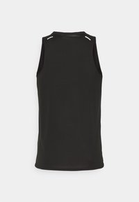 Haut noir sans manches avec une texture lisse, doté d'un col arrondi et d'accents blancs aux épaules. Design simple, matériau léger.