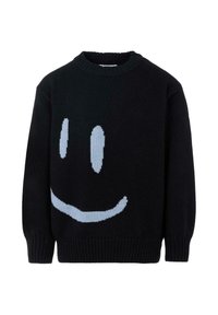 Maglione nero con una grande faccia sorridente azzurro chiaro. Presenta un collo rotondo e polsini e orlo a coste. Realizzato in tessuto lavorato a maglia.