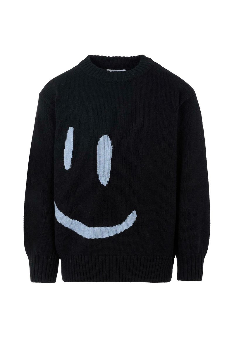 Maglione nero con una grande faccia sorridente azzurro chiaro. Presenta un collo rotondo e polsini e orlo a coste. Realizzato in tessuto lavorato a maglia.
