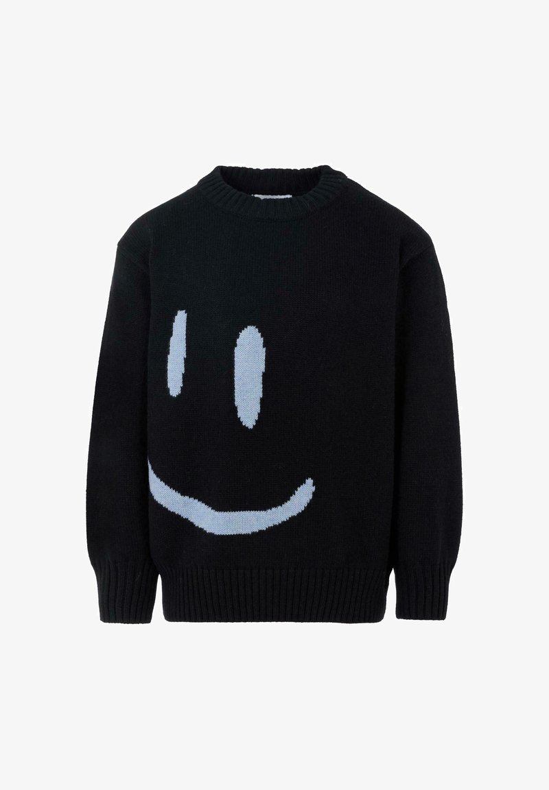 Zwarte trui met een groot lichtblauw smiley gezicht ontwerp. Bevat een ronde halslijn en ribgebreide boorden en zoom. Gemaakt van gebreide stof.