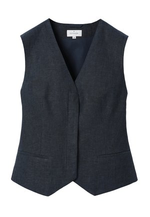 Ciemnoszara bezrękawnikowa kamizelka na miarę z dekoltem w kształcie litery V, zapięciem z przodu oraz dwoma przednimi kieszeniami naszywanymi.