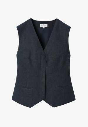 Ciemnoszara bezrękawnikowa kamizelka na miarę z dekoltem w kształcie litery V, zapięciem z przodu oraz dwoma przednimi kieszeniami naszywanymi.