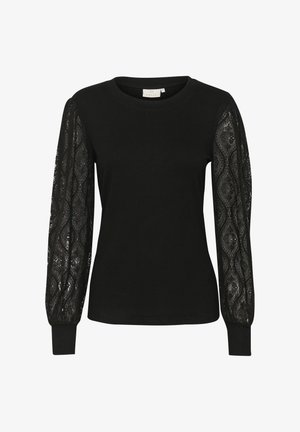 Czarny top z długim rękawem z teksturowanymi koronkowymi rękawami w falisty wzór. Żebrowany okrągły dekolt i dopasowany krój. Miękka tkanina na całej powierzchni.