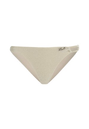 Gouden glanzende bikini onderkant met een gladde textuur, voorzien van een zijclipdetail en een ontwerp met minimale bedekking. Subtiele merkembleem inbegrepen.