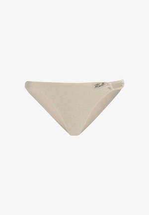 Bikini donji dio s zlatnim sjajem i glatkom teksturom, s bočnim kopčanjem i minimalnim pokrivačem. Uključena su suptilna veza s brandom.