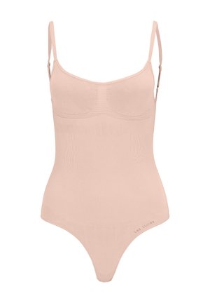 Nude bodysuit med justerbare stropper, ribbet tekstur og sømløst design. Har en rund halsudskæring og tangaudskæring bagpå. Mærkenavn vist.