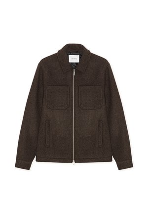 Mørkebrun ull zip-up jakke med to brystlommer, to sidelommer og krage.