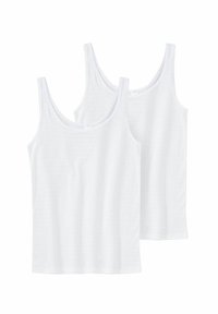Two plain white sleeveless tank tops with scoop necks, displayed overlapping on a white background.