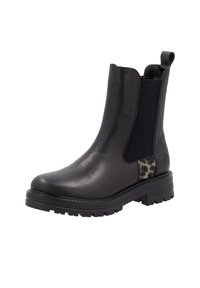 Black leather ankle boot with elastic side panels, leopard print accents, textured sole, and a rugged design, suitable for casual wear.
