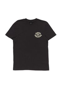 Black cotton t-shirt with short sleeves and round neckline. Features cream-colored, curved text "DEUS ex MACHINA" on the left chest.