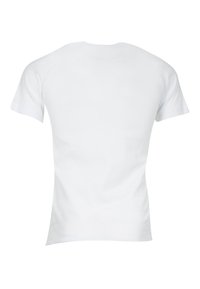 T-shirt blanc à manches courtes en coton, avec un col rond et une texture lisse. Aucun logo ni motif visibles au dos.