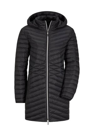 Zwarte gewatteerde pufferjack met een volledige rits aan de voorkant, voorzien van een chevron-quilt ontwerp en elastische manchetten voor warmte en comfort.