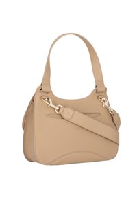 Beige leren handtas met een gestructureerd ontwerp, voorzien van een enkele schouderriem, gouden hardware en subtiele stikseldetails.