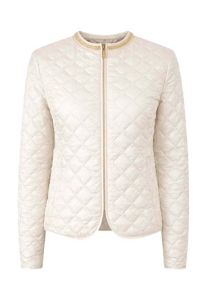 Giacca trapuntata color crema con maniche lunghe, scollo rotondo e chiusura con cerniera dorata al centro davanti.
