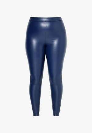Leggings en faux cuir bleu marine taille haute avec une finition brillante et une coupe slim fuselée de la taille à la cheville.