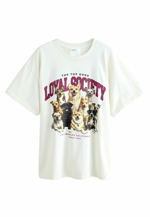 White cotton t-shirt featuring a graphic of various dogs with the text "Loyal Society" in pink. Short sleeves and a relaxed fit.